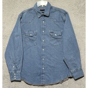 Vintage Wrangler Mens L Blue Jean Denim Western Pearl Snap Shirt Cowboy